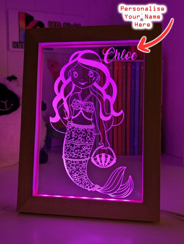 Beautiful Mermaid Princess Personalised Message Quote Timber Frame USB 3D LED Night Light Lamp - KustomboxNight Lights & Ambient LightingKustomboxTimber Frame Light - $34.99