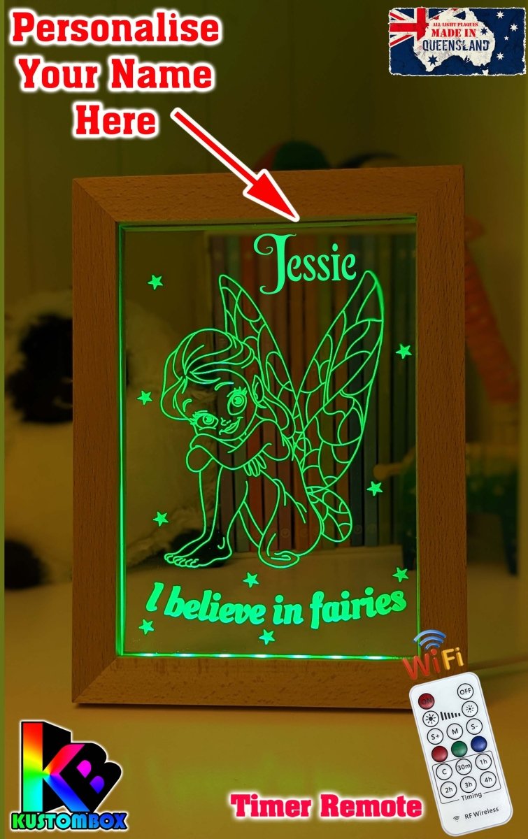 Believe in Fairies Personalised Name Timber Picture Frame USB 3D LED Night Light Lamp - KustomboxNight Lights & Ambient LightingKustomboxTimber Frame Light