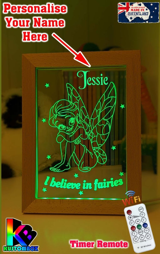 Believe in Fairies Personalised Name Timber Picture Frame USB 3D LED Night Light Lamp - KustomboxNight Lights & Ambient LightingKustomboxTimber Frame Light