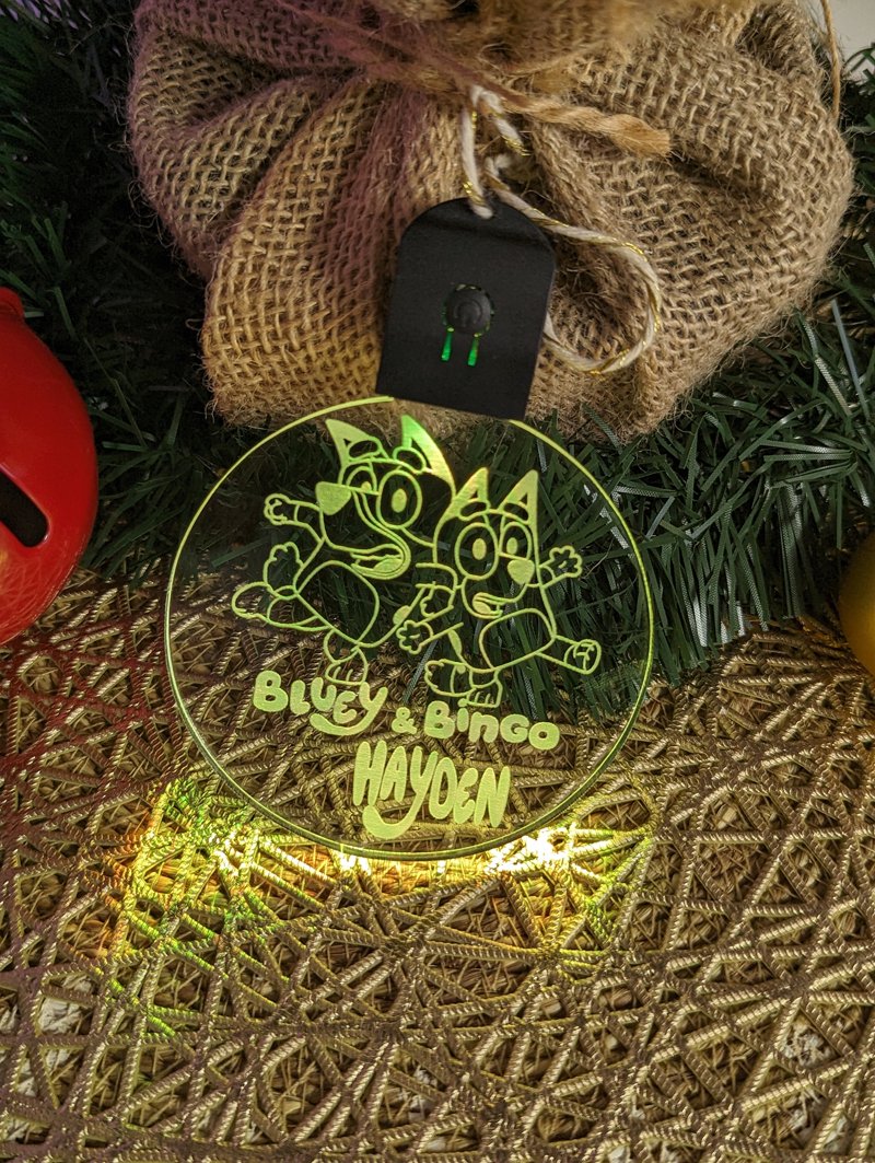 Bluey & Bingo Personalised Christmas Tree Bauble 3D LED Light Up Hanging Decoration - KustomboxNight Lights & Ambient LightingKustomboxBauble Personalised