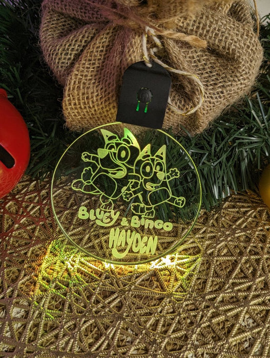 Bluey & Bingo Personalised Christmas Tree Bauble 3D LED Light Up Hanging Decoration - KustomboxNight Lights & Ambient LightingKustomboxBauble Personalised