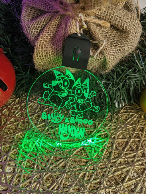 Bluey & Bingo Personalised Christmas Tree Bauble 3D LED Light Up Hanging Decoration - KustomboxNight Lights & Ambient LightingKustomboxBauble Personalised