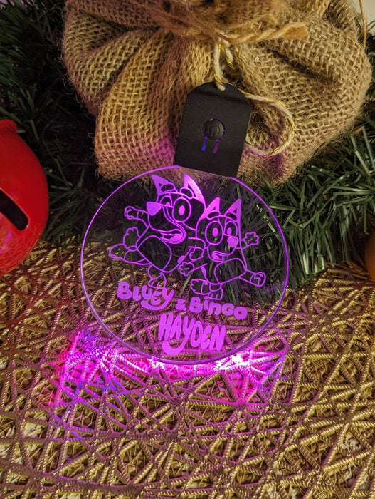 Bluey & Bingo Personalised Christmas Tree Bauble 3D LED Light Up Hanging Decoration - KustomboxNight Lights & Ambient LightingKustomboxBauble Personalised