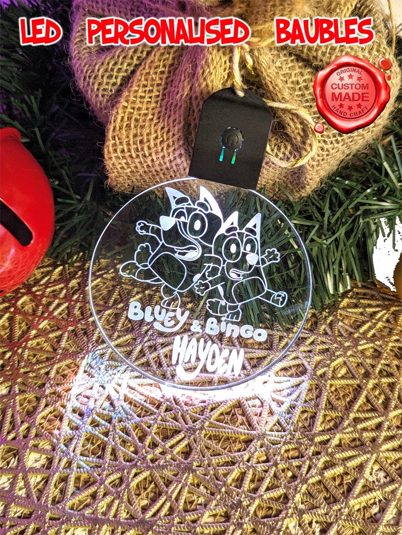 Bluey & Bingo Personalised Christmas Tree Bauble 3D LED Light Up Hanging Decoration - KustomboxNight Lights & Ambient LightingKustomboxBauble Personalised