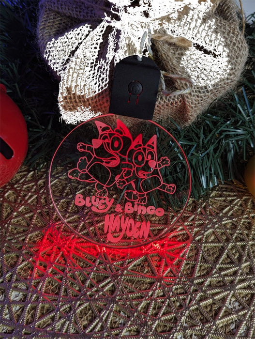 Bluey & Bingo Personalised Christmas Tree Bauble 3D LED Light Up Hanging Decoration - KustomboxNight Lights & Ambient LightingKustomboxBauble Personalised