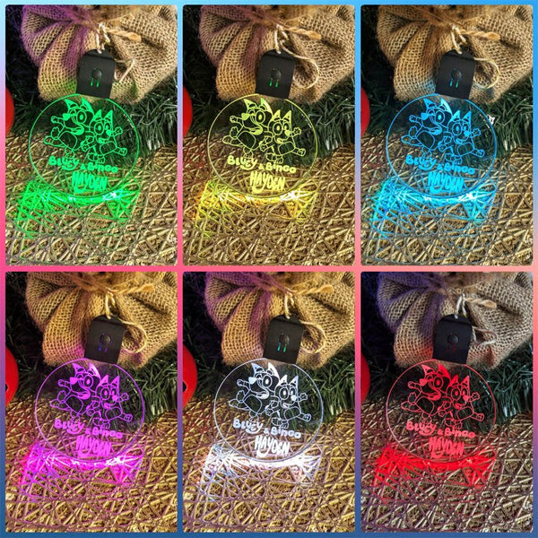 Bluey & Bingo Personalised Christmas Tree Bauble 3D LED Light Up Hanging Decoration - KustomboxNight Lights & Ambient LightingKustomboxBauble Personalised