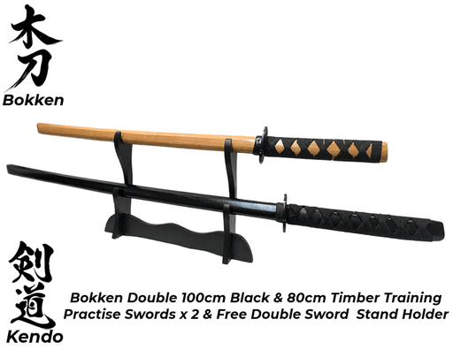 Bokken BLACK 100cm & Plain 80cm Wooden Daito Kendo Samurai Katana Training Sword x 2 + Stand - Kustomboxwooden training swordKustombox2 x Combo Set Training Swords