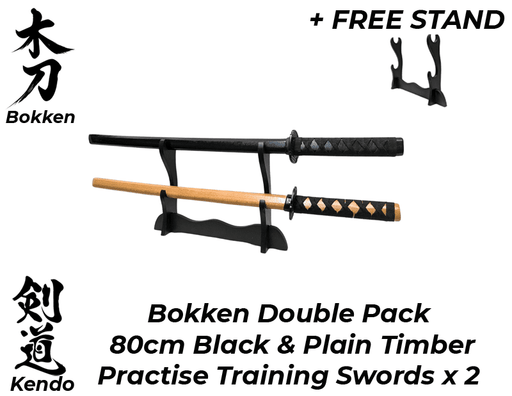 Bokken BLACK & Plain Timber 80cm Wooden Daito Kendo Samurai Katana Training Sword x 2 + Stand - Kustomboxwooden training swordKustombox2 x Back and Plain Sword