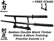 Bokken Black Timber 100cm & 80cm Wooden Daito Kendo Samurai Katana Training Sword x 2 + Stand - Kustomboxwooden training swordKustombox2 x Combo Set Training Swords