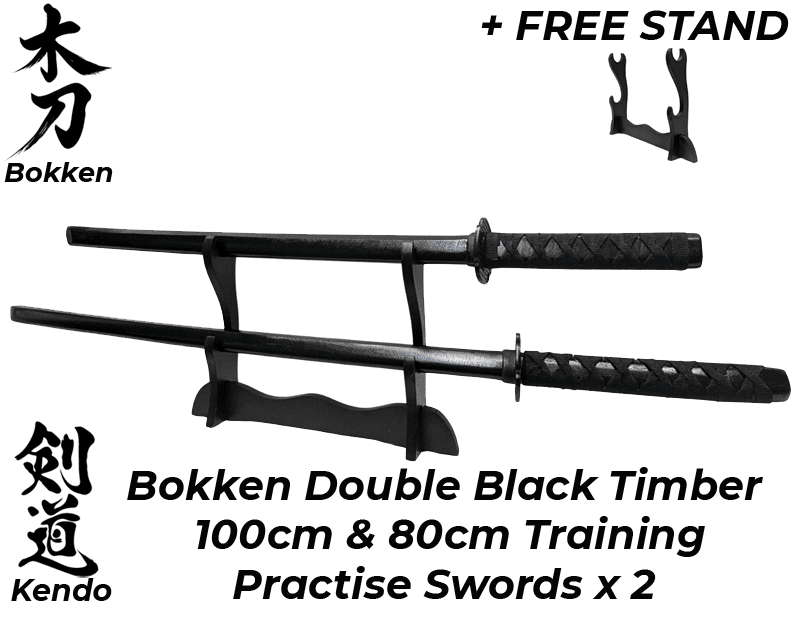 Bokken Black Timber 100cm & 80cm Wooden Daito Kendo Samurai Katana Training Sword x 2 + Stand - Kustomboxwooden training swordKustombox2 x Combo Set Training Swords