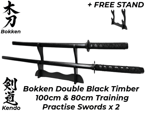 Bokken Black Timber 100cm & 80cm Wooden Daito Kendo Samurai Katana Training Sword x 2 + Stand - Kustomboxwooden training swordKustombox2 x Combo Set Training Swords