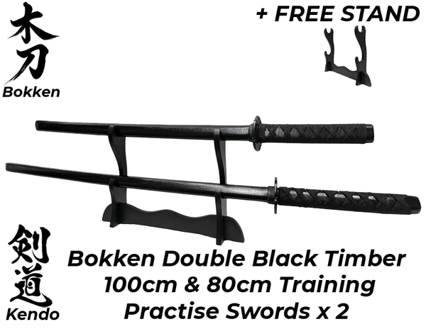 Bokken Black Timber 100cm & 80cm Wooden Daito Kendo Samurai Katana Training Sword x 2 + Stand - Kustomboxwooden training swordKustombox2 x Combo Set Training Swords
