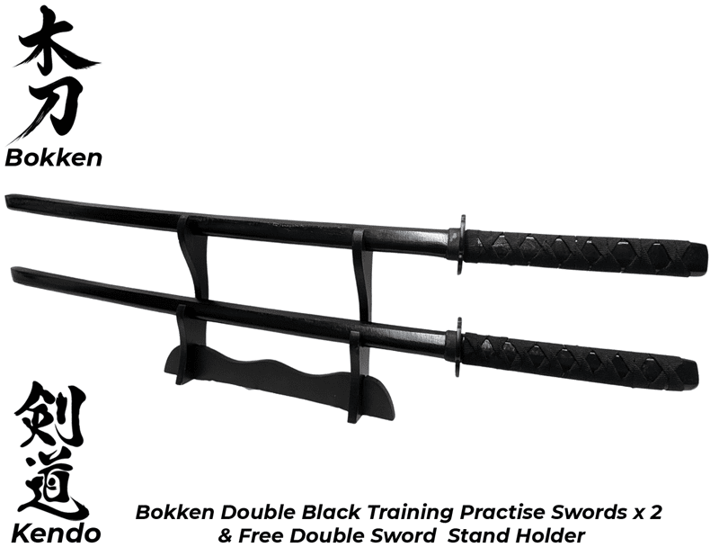 Bokken BLACK x 2 Wooden Daito Kendo Samurai Katana Training Sword+ Stand - Kustomboxwooden training swordKustombox2 x Combo Set Training Swords
