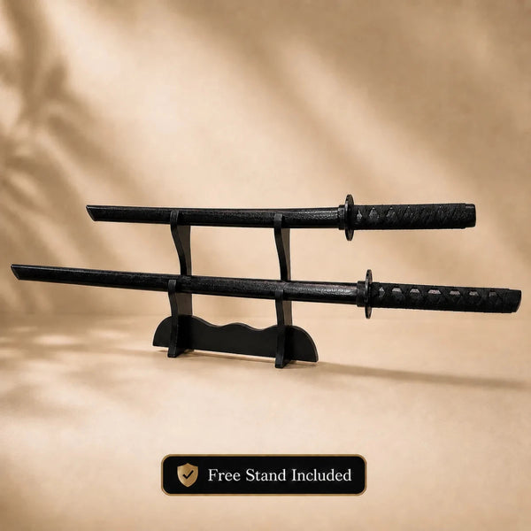 Bokken Double Pack 100cm & 80cm Black Wooden Kendo Training Swords with Free Stand - Kustomboxwooden training swordKustombox2 x Combo Set Training Swords