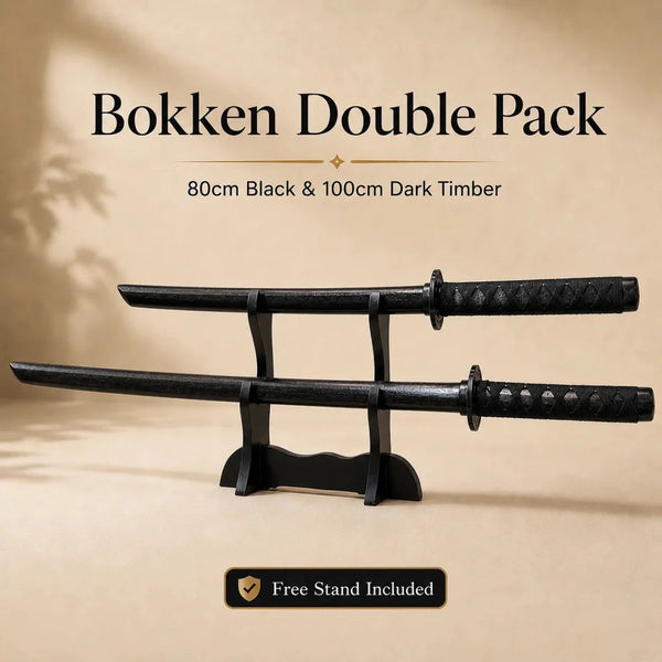Bokken Double Pack 100cm & 80cm Black Wooden Kendo Training Swords with Free Stand - Kustomboxwooden training swordKustombox2 x Combo Set Training Swords