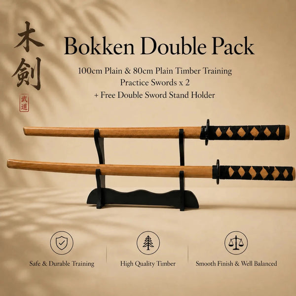Bokken Double Pack 100cm & 80cm Plain Timber Wooden Kendo Training Swords with Free Stand - Kustomboxwooden training swordKustombox2 x Combo Set Training Swords