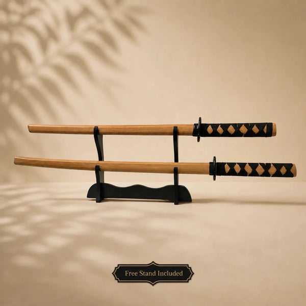 Bokken Double Pack 100cm & 80cm Plain Timber Wooden Kendo Training Swords with Free Stand - Kustomboxwooden training swordKustombox2 x Combo Set Training Swords