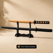Bokken Double Pack 100cm Black & 80cm Timber Wooden Kendo Training Swords with Free Stand - Kustomboxwooden training swordKustombox2 x Combo Set Training Swords