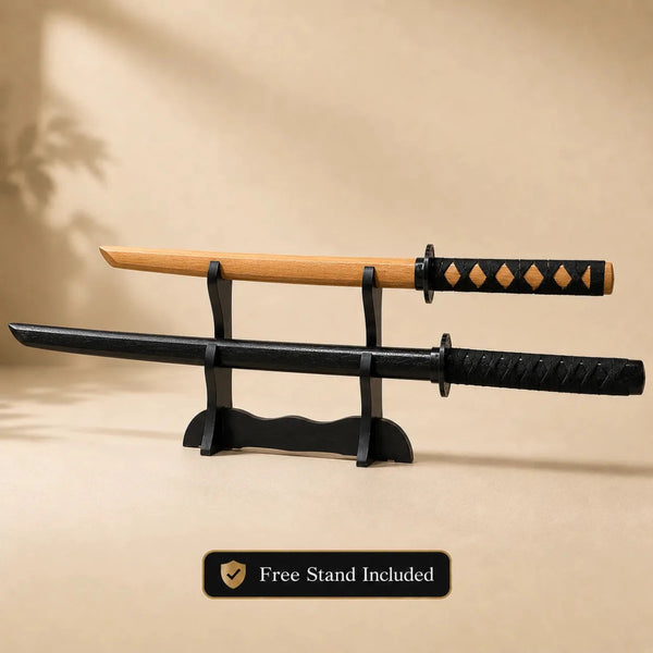 Bokken Double Pack 100cm Black & 80cm Timber Wooden Kendo Training Swords with Free Stand - Kustomboxwooden training swordKustombox2 x Combo Set Training Swords