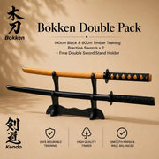 Bokken Double Pack 100cm Black & 80cm Timber Wooden Kendo Training Swords with Free Stand - Kustomboxwooden training swordKustombox2 x Combo Set Training Swords