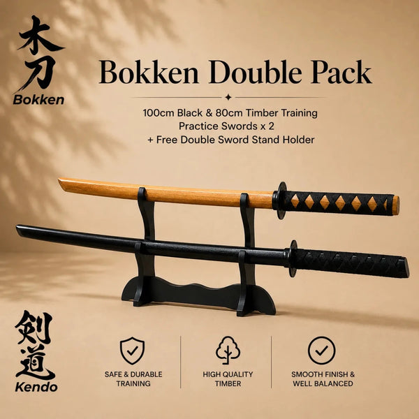 Bokken Double Pack 100cm Black & 80cm Timber Wooden Kendo Training Swords with Free Stand - Kustomboxwooden training swordKustombox2 x Combo Set Training Swords