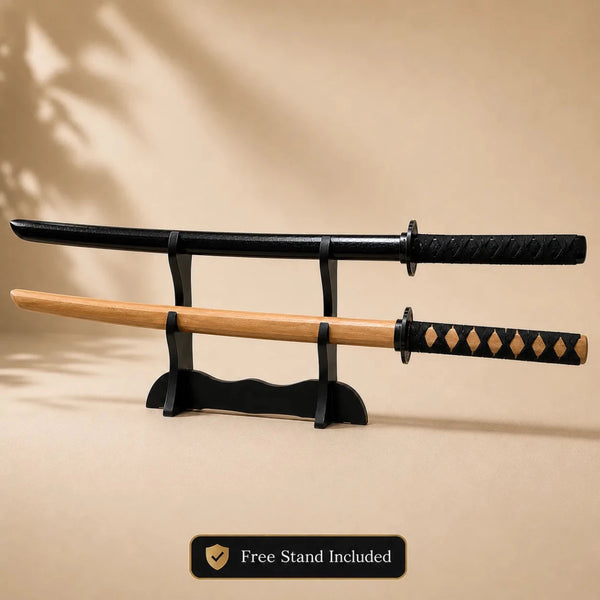 Bokken Double Pack 100cm Black & Plain Timber Wooden Kendo Training Swords with Free Stand - Kustomboxwooden training swordKustombox2 x Combo Set Training Swords