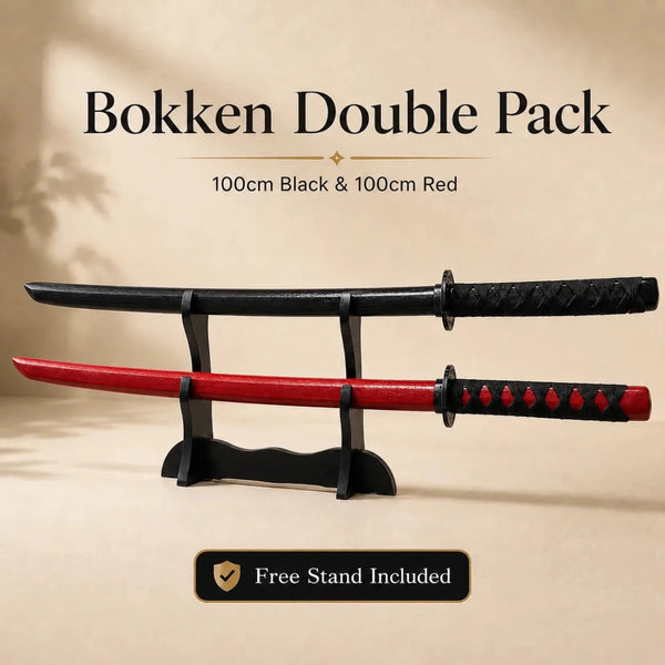 Bokken Double Pack 100cm Black & Red Wooden Kendo Training Swords with Free Stand - Kustomboxwooden training swordKustombox2 x 100cm Black & Red