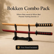 Bokken Double Pack 100cm Black & Red Wooden Kendo Training Swords with Free Stand - Kustomboxwooden training swordKustombox2 x 100cm Red & Plain