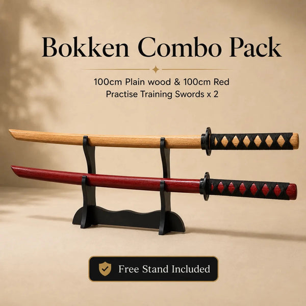 Bokken Double Pack 100cm Black & Red Wooden Kendo Training Swords with Free Stand - Kustomboxwooden training swordKustombox2 x 100cm Red & Plain