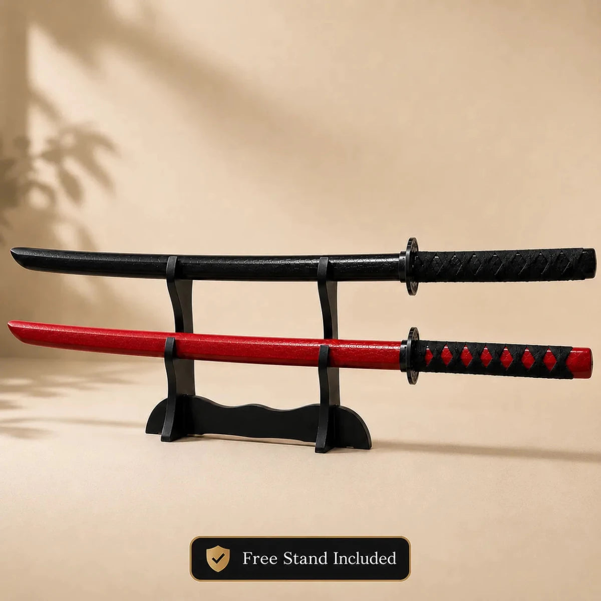 Bokken Double Pack 100cm Black & Red Wooden Kendo Training Swords with Free Stand - Kustomboxwooden training swordKustombox2 x 100cm Black & Red
