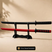 Bokken Double Pack 100cm Black & Red Wooden Kendo Training Swords with Free Stand - Kustomboxwooden training swordKustombox2 x 100cm Black & Red