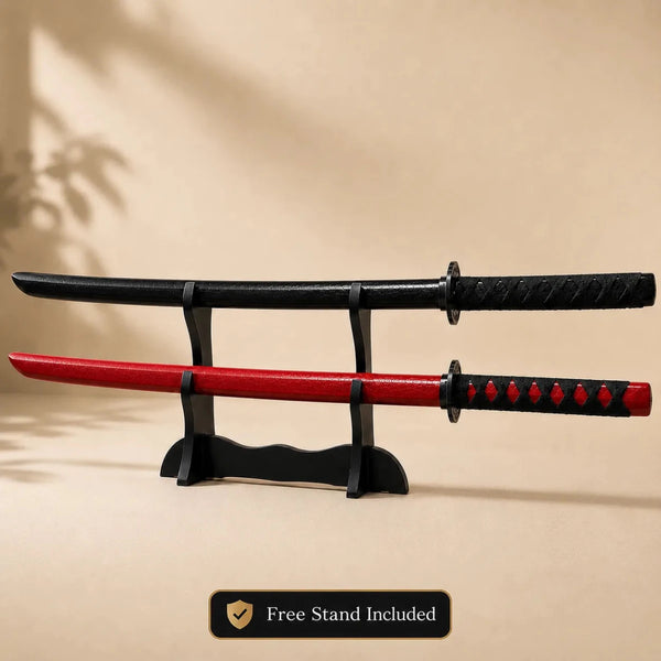 Bokken Double Pack 100cm Black & Red Wooden Kendo Training Swords with Free Stand - Kustomboxwooden training swordKustombox2 x 100cm Black & Red
