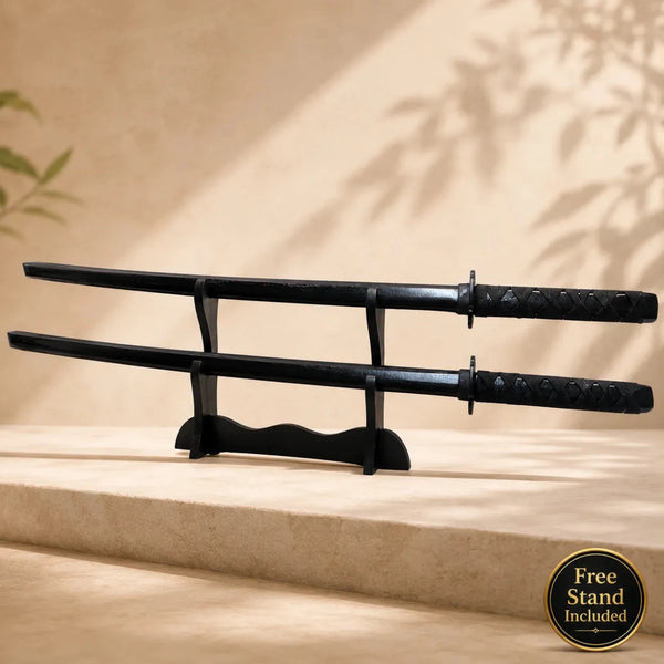 Bokken Double Pack 100cm Black Wooden Kendo Training Swords with Free Stand - Kustomboxwooden training swordKustombox2 x Combo Set Training Swords