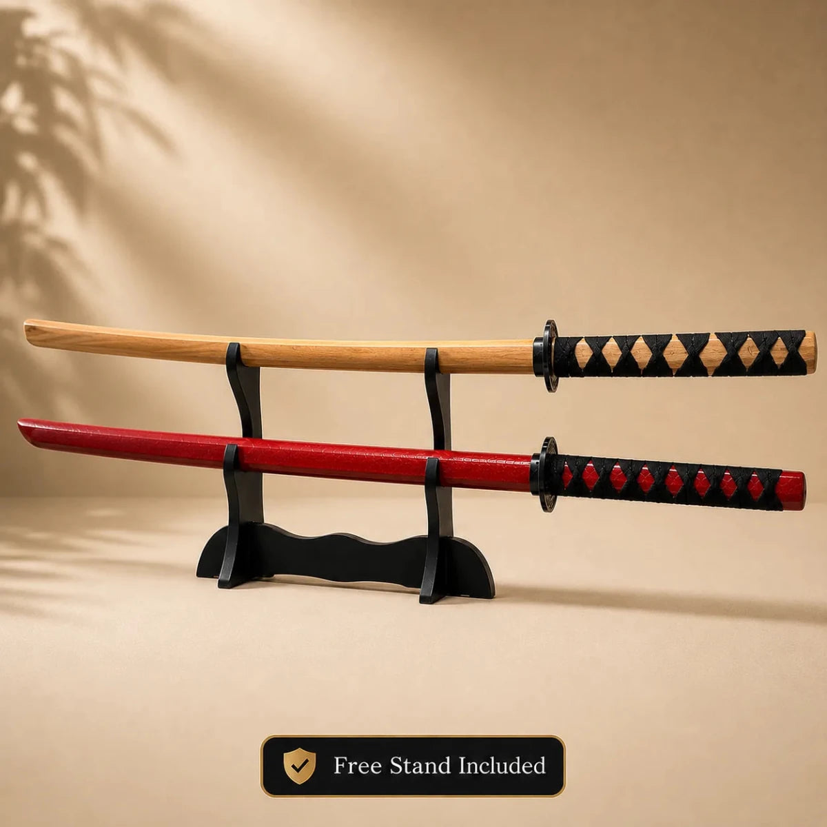 Bokken Double Pack 100cm Red & Timber Wooden Kendo Training Swords with Free Stand - Kustomboxwooden training swordKustombox2 x Combo Set Training Swords