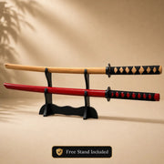 Bokken Double Pack 100cm Red & Timber Wooden Kendo Training Swords with Free Stand - Kustomboxwooden training swordKustombox2 x Combo Set Training Swords