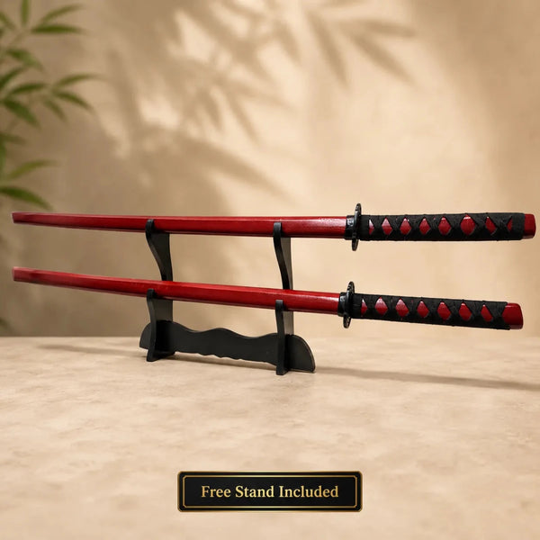 Bokken Double Pack 100cm Red Wooden Kendo Training Swords with Free Stand - Kustomboxwooden training swordKustombox2 x Combo Set Training Swords