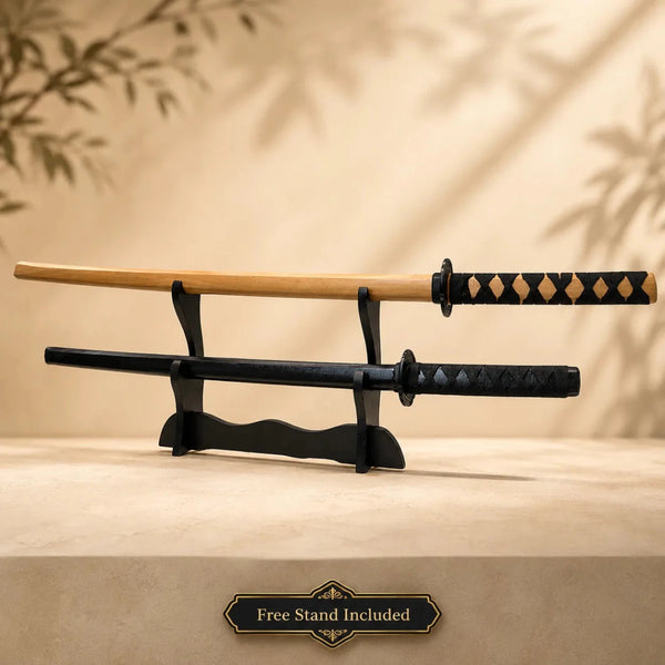 Bokken Double Pack 100cm Timber & 80cm Black Wooden Kendo Training Swords with Free Stand - Kustomboxwooden training swordKustombox2 x Combo Set Training Swords