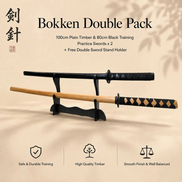 Bokken Double Pack 100cm Timber & 80cm Black Wooden Kendo Training Swords with Free Stand - Kustomboxwooden training swordKustombox2 x Combo Set Training Swords