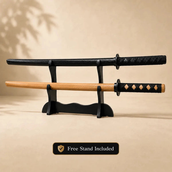 Bokken Double Pack 80cm Wooden Kendo Training Swords with Free Stand - Kustomboxwooden training swordKustombox2 x Black and Plain Sword