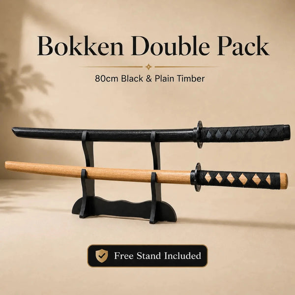 Bokken Double Pack 80cm Wooden Kendo Training Swords with Free Stand - Kustomboxwooden training swordKustombox2 x Black and Plain Sword