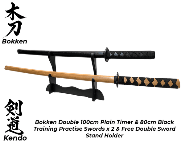 Bokken Plain Timber 100cm & 80cm BLACK Wooden Daito Kendo Samurai Katana Training Sword x 2 + Stand - Kustomboxwooden training swordKustombox2 x Combo Set Training Swords