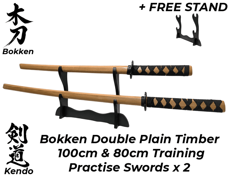 Bokken Plain Timber 100cm & 80cm Wooden Daito Kendo Samurai Katana Training Sword x 2 + Stand - Kustomboxwooden training swordKustombox2 x Combo Set Training Swords
