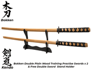 Bokken PLAIN Wood x 2 Daito Kendo Samurai Katana Training Sword + Stand - Kustomboxwooden training swordKustombox2 x Combo Set Training Swords