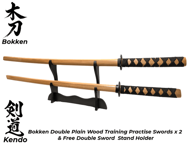 Bokken PLAIN Wood x 2 Daito Kendo Samurai Katana Training Sword + Stand - Kustomboxwooden training swordKustombox2 x Combo Set Training Swords