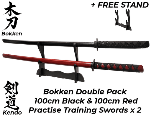 Bokken RED & BLACK Wooden Daito Kendo Samurai Katana Training Sword x 2 + Stand - Kustomboxwooden training swordKustombox2 x Combo Set Training Swords