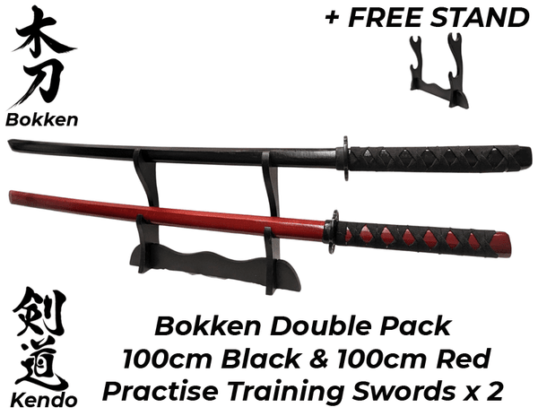 Bokken RED & BLACK Wooden Daito Kendo Samurai Katana Training Sword x 2 + Stand - Kustomboxwooden training swordKustombox2 x Combo Set Training Swords