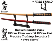 Bokken RED & PLAIN Wood Daito Kendo Samurai Katana Training Sword x 2 + Stand - Kustomboxwooden training swordKustombox2 x Combo Set Training Swords