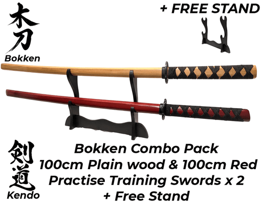 Bokken RED & PLAIN Wood Daito Kendo Samurai Katana Training Sword x 2 + Stand - Kustomboxwooden training swordKustombox2 x Combo Set Training Swords