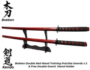 Bokken Red x 2 Wooden Daito Kendo Samurai Katana Training Sword + Free Stand - Kustomboxwooden training swordKustombox2 x Combo Set Training Swords