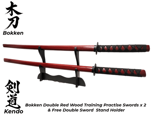 Bokken Red x 2 Wooden Daito Kendo Samurai Katana Training Sword + Free Stand - Kustomboxwooden training swordKustombox2 x Combo Set Training Swords